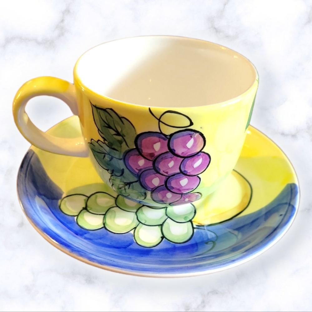 Vtg Cup & Saucer Watermelon Grapes Pears Pineapple Fruit
